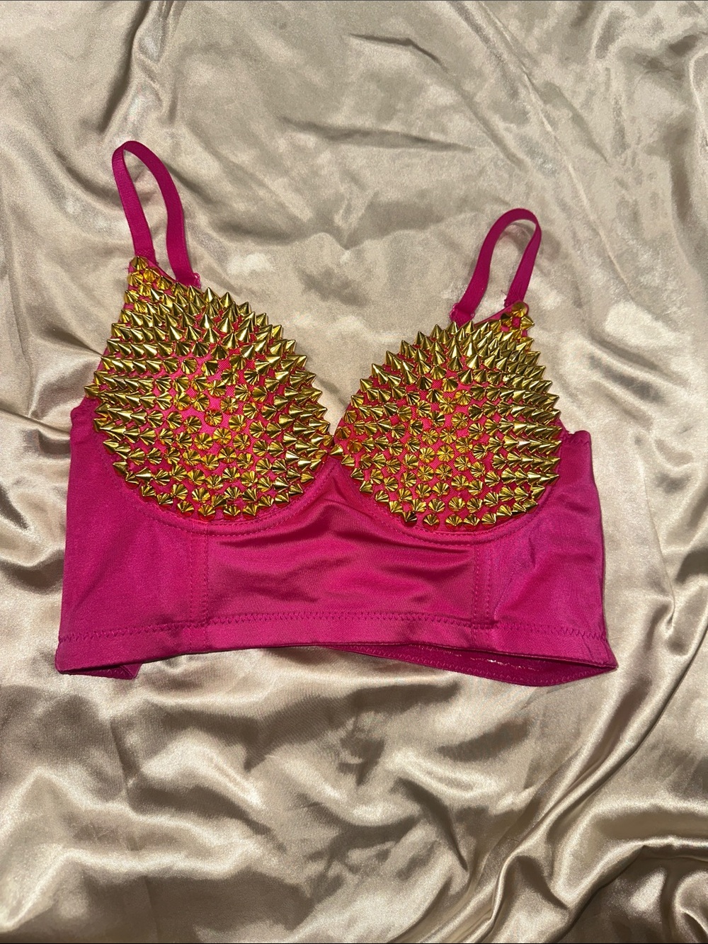 Fuchsia Studded Longline Bralette with Gold Spike Embellishments